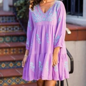 J. Marie Lilac Floral Embroidered Tiered Dress Size Small